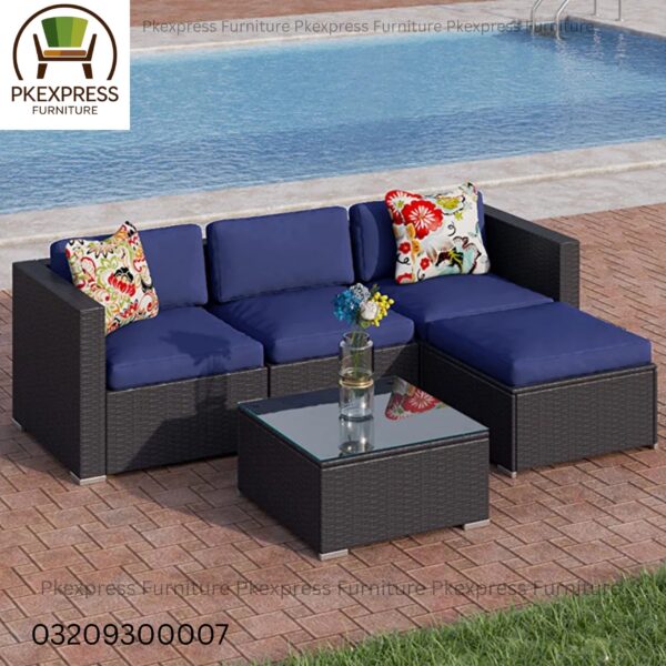 Rattan Sofa Set (Black Color with Blue Cushions) β 3-Seater + 1 Stool + Table β Outdoor & Indoor Use β
 Product Description: