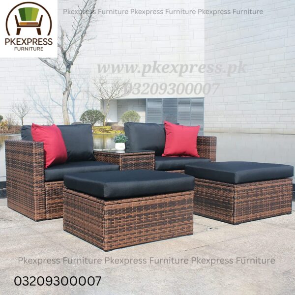 Rattan Outdoor Sofa Set (Rattan Color Double Tone Brown with Black Cushions) β 2-Seater + 2 Stools + Table