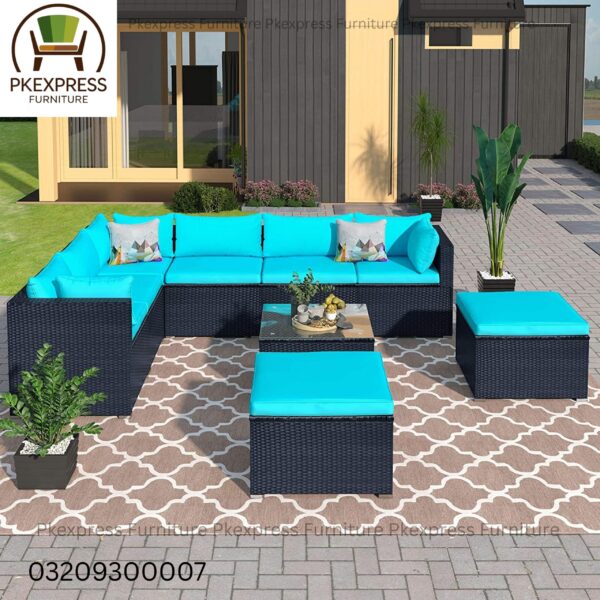 β
 Product Name: L-Shaped Rattan Outdoor Sofa Set (Double Black with Ferozi Cushions) β 5-Seater + 2 Stools + Sofa Table β
 Product Description: Upgrade your living space with the L-Shaped Rattan Sofa Set in Double Black with Ferozi Cushions β a stylish and durable 5-seater arrangement with extra stools and a matching sofa table. Perfect for gardens, patios, rooftops, balconies, cafΓ©s, salons, and indoor lounges, this set offers both comfort and elegance. Crafted with premium double black HDPE rattan wicker and a rustproof powder-coated frame, this set is designed to resist sun, rain, dust, and humidity. The vibrant ferozi waterproof cushions add a bold and refreshing touch, making it an eye-catching centerpiece indoors or outdoors. β¨ Set Includes: 1x L-Shaped 5-Seater Rattan Sofa (Double Black) 2x Rattan Stools (Double Black) 1x Sofa Table β with or without glass top Ferozi Waterproof Cushions (custom colors also available) π Key Features: β
 Modern L-Shape design with extra stools β
 Double Black HDPE rattan β UV & water resistant β
 Rustproof powder-coated iron/aluminum frame β
 Comfortable, waterproof, and removable cushions β
 Easy to clean β wipe or wash β
 Durable, lightweight & easy to move β
 Perfect for both indoor & outdoor use π Proudly Manufactured in Lahore β Delivered Across Pakistan by PKExpress Furniture Limited