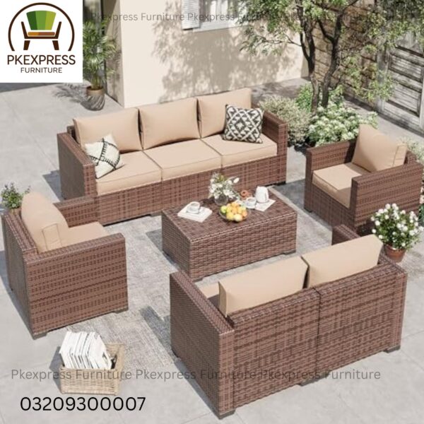 Rattan Outdoor Sofa Set (Double Tone Brown with Beige Cushions) β 7-Seater 3+2+1+1 + Sofa Table