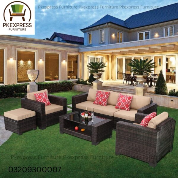 Rattan Outdoor Sofa Set (Double Tone Brown with Beige Cushions) β 5-Seater 3+1+1 + Coffee Table + Ottoman Stool