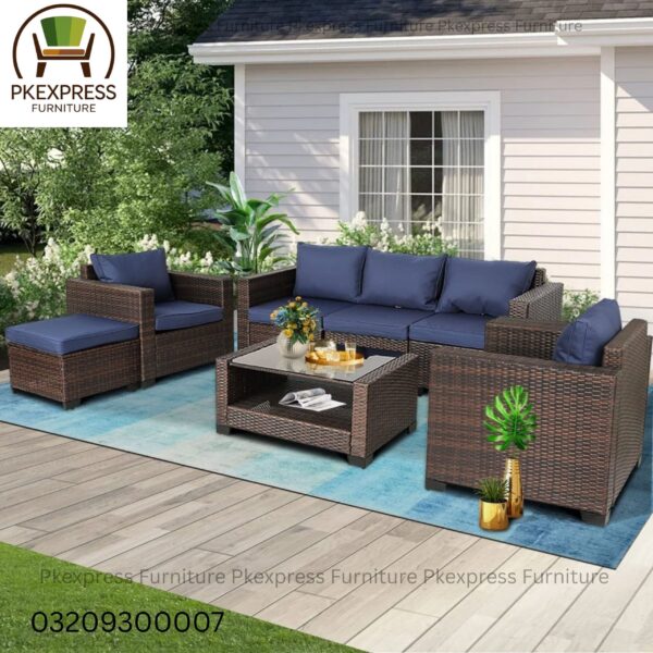 Rattan Outdoor Sofa Set (Double Tone Brown with Dark Blue Cushions) β 5-Seater 3+1+1 + Coffee Table + Ottoman Stool
